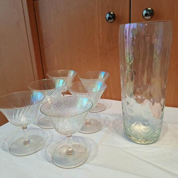 Vintage Mid-Century Rainbow Swirl Iridescent Cocktail Glasses and Pitcher - Picture 1 of 2